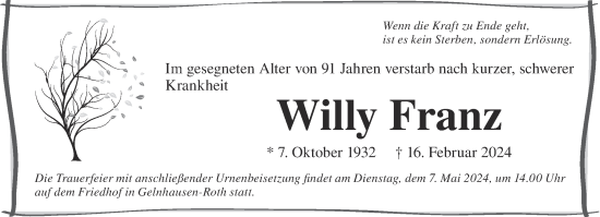 Traueranzeige von Willy Franz von Gelnhäuser Neue Zeitung