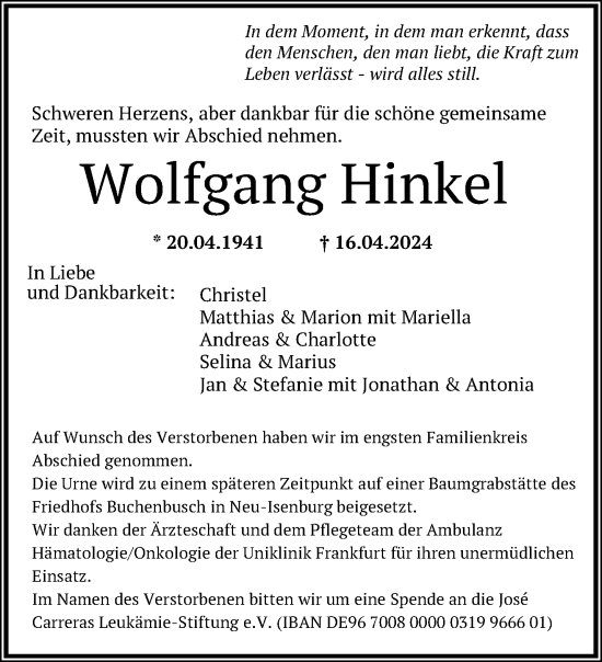 Traueranzeige von Wolfgang Hinkel von Mittelhessen-Bote