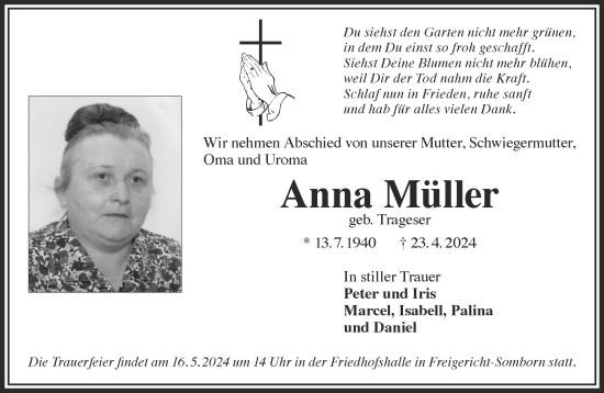 Traueranzeige von Anna Müller von Gelnhäuser Neue Zeitung