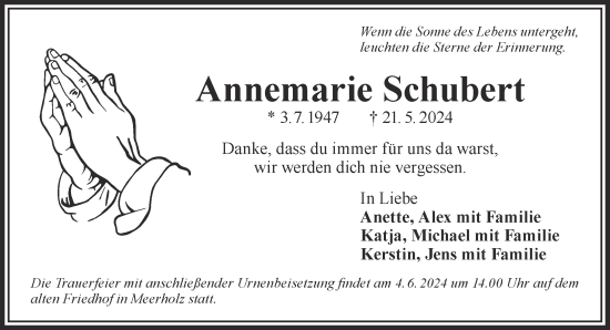 Traueranzeige von Annemarie Schubert von Gelnhäuser Neue Zeitung