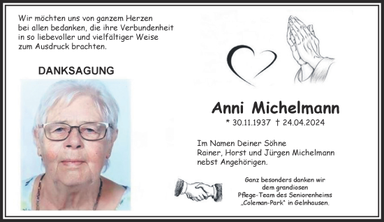 Traueranzeige von Anni Michelmann von Gelnhäuser Neue Zeitung