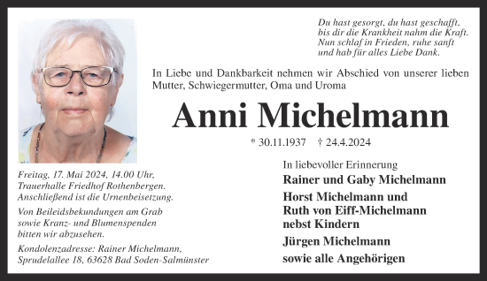 Traueranzeige von Anni Michelmann von Gelnhäuser Neue Zeitung