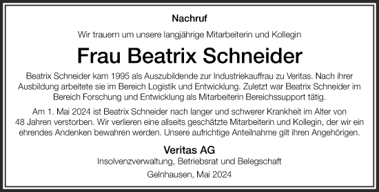 Traueranzeige von Beatrix Schneider von Gelnhäuser Neue Zeitung