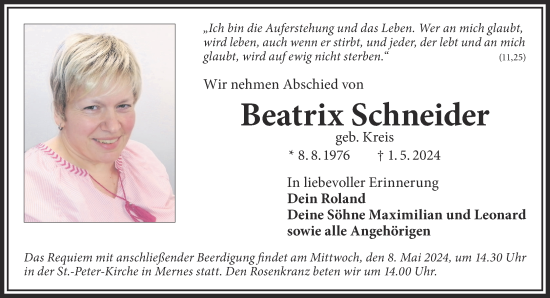 Traueranzeige von Beatrix Schneider von Gelnhäuser Neue Zeitung