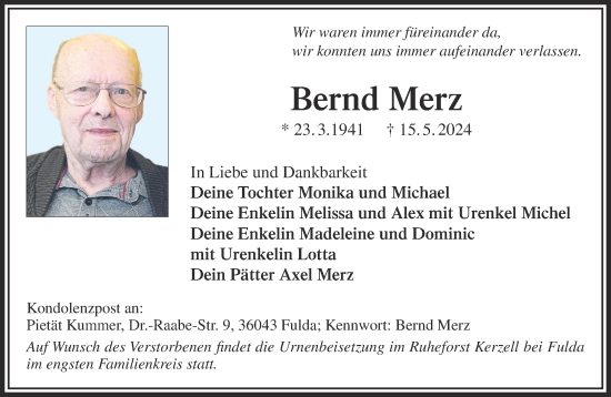 Traueranzeige von Bernd Merz von Gelnhäuser Neue Zeitung