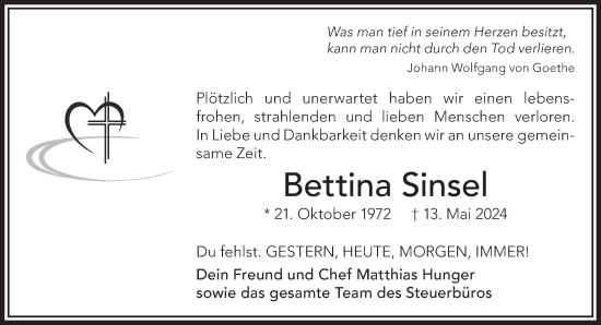 Traueranzeige von Bettina Sinsel von Gelnhäuser Neue Zeitung