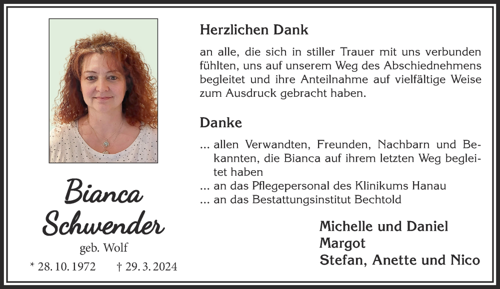  Traueranzeige für Bianca Schwender vom 18.05.2024 aus Gelnhäuser Neue Zeitung