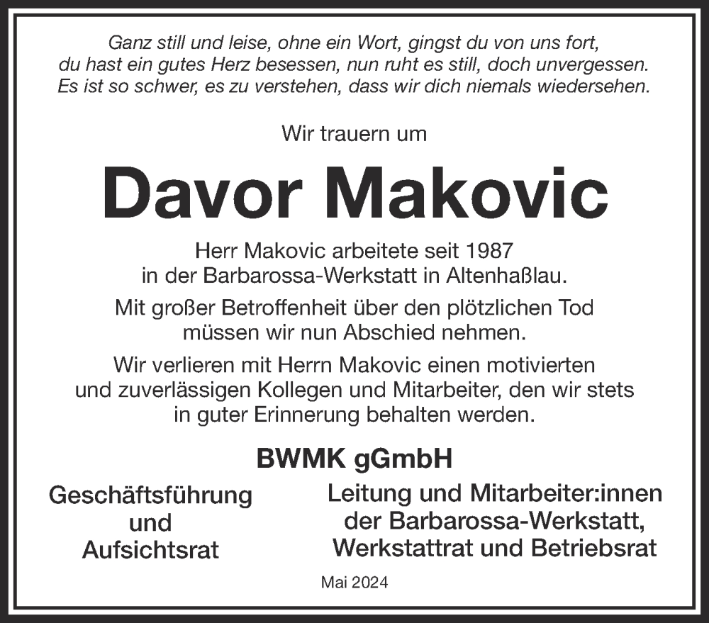  Traueranzeige für Davor Makovic vom 01.06.2024 aus Mittelhessen-Bote