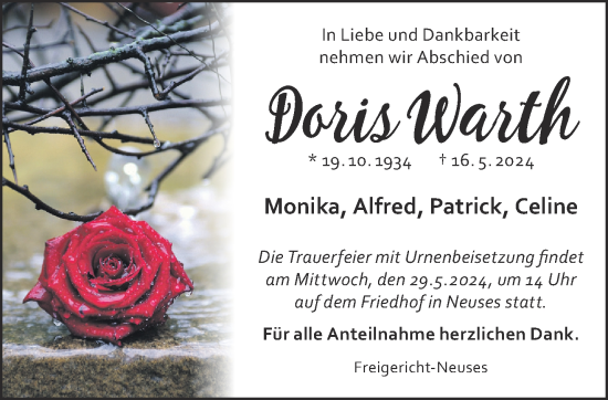 Traueranzeige von Doris Warth von Gelnhäuser Neue Zeitung