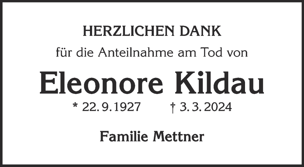  Traueranzeige für Eleonore Kildau vom 11.05.2024 aus Mittelhessen-Bote