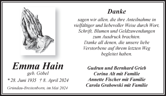 Traueranzeige von Emma Hain von Gelnhäuser Neue Zeitung