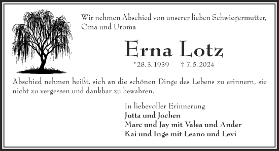 Traueranzeige von Erna Lot von Gelnhäuser Neue Zeitung