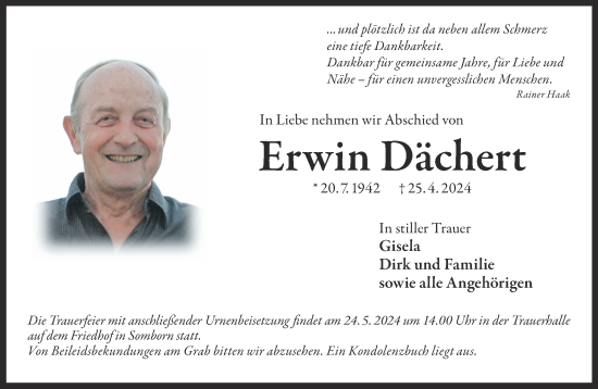 Traueranzeige von Erwin Dächert von Gelnhäuser Neue Zeitung