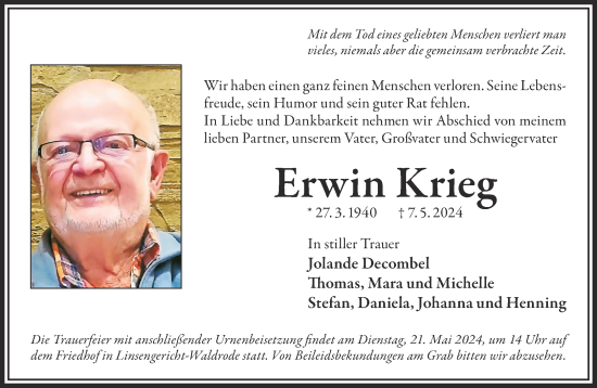 Traueranzeige von Erwin Krieg von Gelnhäuser Neue Zeitung