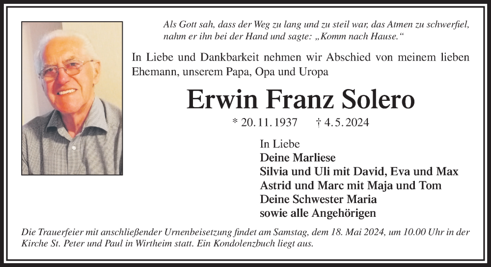  Traueranzeige für Erwin Franz Solero vom 11.05.2024 aus Mittelhessen-Bote