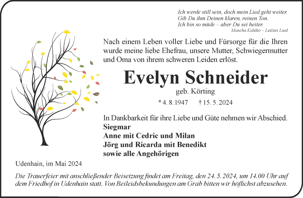  Traueranzeige für Evelyn Schneider vom 21.05.2024 aus Gelnhäuser Neue Zeitung
