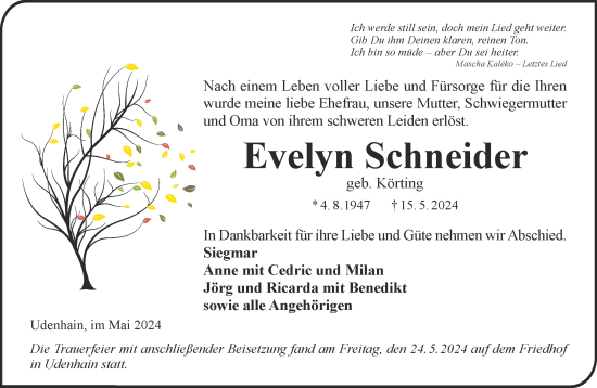 Traueranzeige von Evelyn Schneider von Mittelhessen-Bote