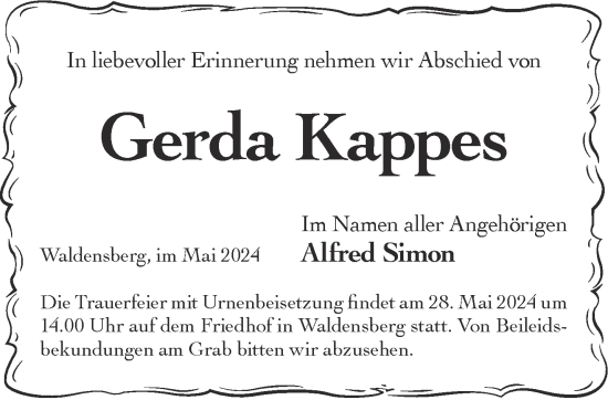 Traueranzeige von Gerda Kappes von Mittelhessen-Bote
