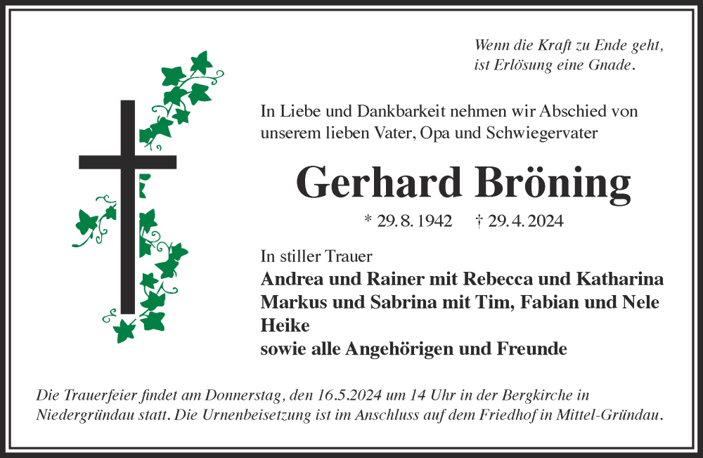  Traueranzeige für Gerhard Bröning vom 11.05.2024 aus Gelnhäuser Neue Zeitung