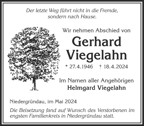 Traueranzeige von Gerhard Viegelahn von Gelnhäuser Neue Zeitung