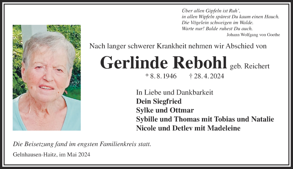  Traueranzeige für Gerlinde Rebohl vom 18.05.2024 aus Gelnhäuser Neue Zeitung