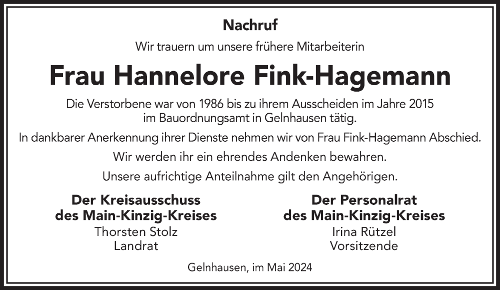  Traueranzeige für Hannelore Fink-Hagemann vom 08.05.2024 aus Gelnhäuser Neue Zeitung