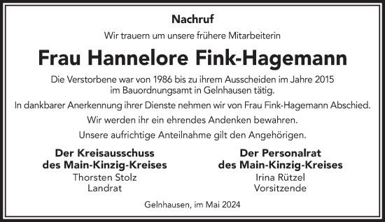 Traueranzeige von Hannelore Fink-Hagemann von Gelnhäuser Neue Zeitung