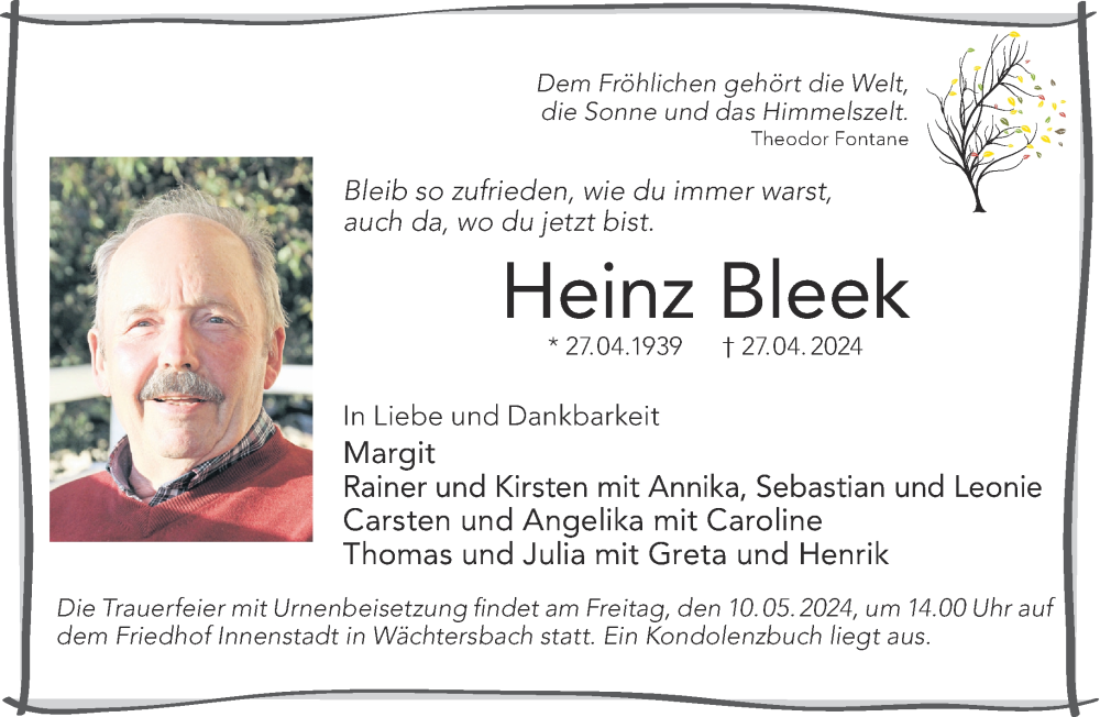  Traueranzeige für Heinz Bleek vom 04.05.2024 aus Mittelhessen-Bote