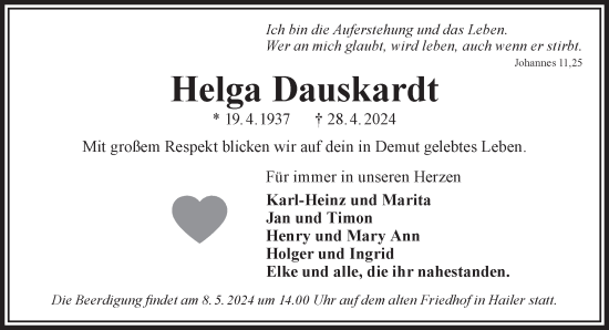 Traueranzeige von Helga Dauskardt von Gelnhäuser Neue Zeitung