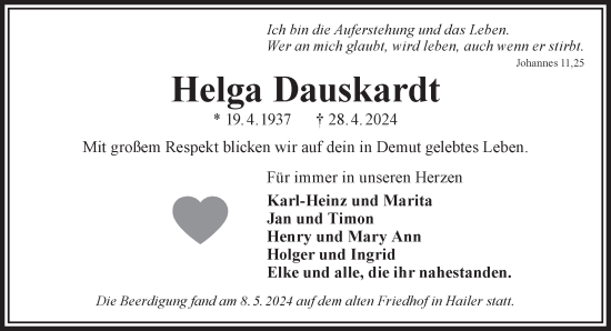Traueranzeige von Helga Dauskardt von Mittelhessen-Bote