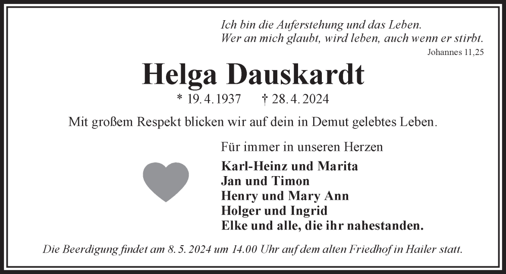  Traueranzeige für Helga Dauskardt vom 06.05.2024 aus Gelnhäuser Neue Zeitung