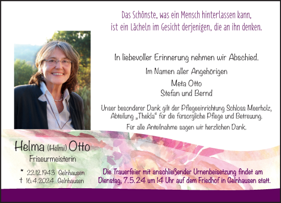 Traueranzeige von Helma Otto von Mittelhessen-Bote