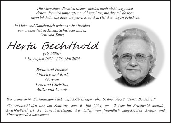 Traueranzeige von Herta Bechthold von Gelnhäuser Neue Zeitung