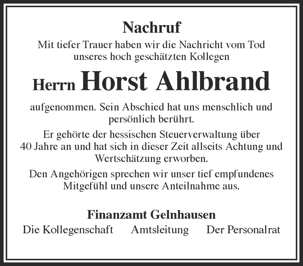  Traueranzeige für Horst Ahlbrand vom 25.05.2024 aus Gelnhäuser Neue Zeitung