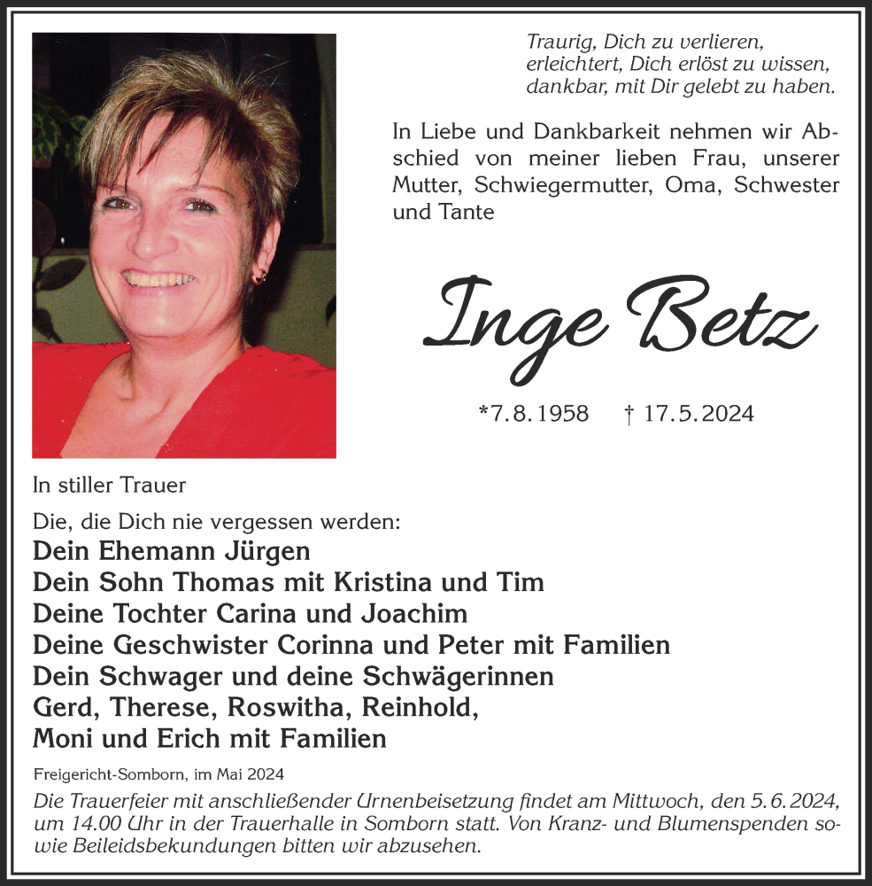  Traueranzeige für Inge Betz vom 01.06.2024 aus Mittelhessen-Bote