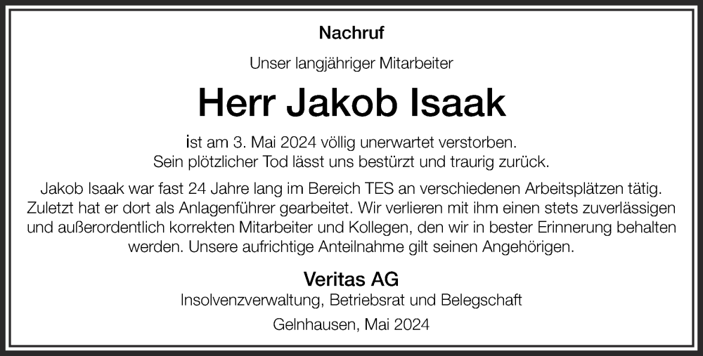  Traueranzeige für Jakob Isaak vom 25.05.2024 aus Gelnhäuser Neue Zeitung