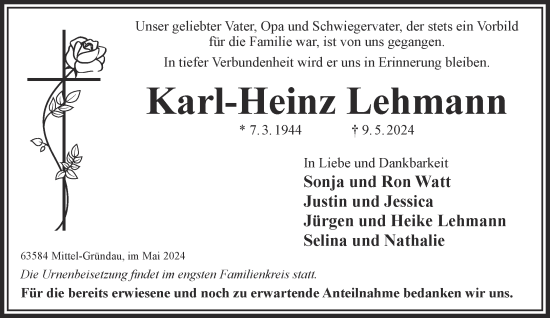 Traueranzeige von Karl-Heinz Lehmann von Gelnhäuser Neue Zeitung