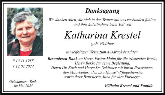 Traueranzeige von Katharina Krestel von Gelnhäuser Neue Zeitung