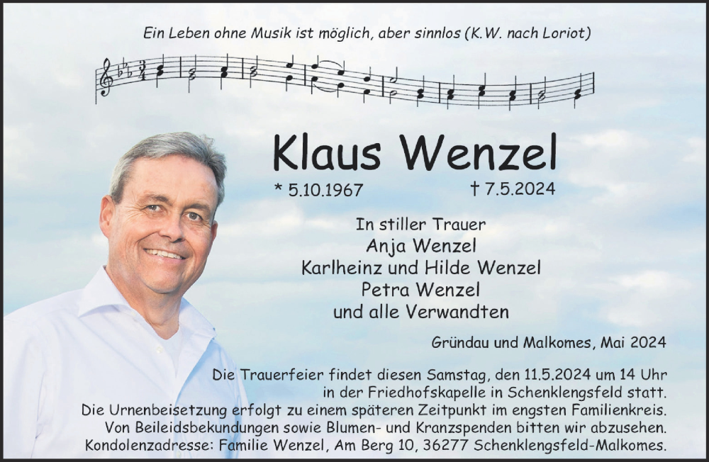  Traueranzeige für Klaus Wenzel vom 11.05.2024 aus Mittelhessen-Bote