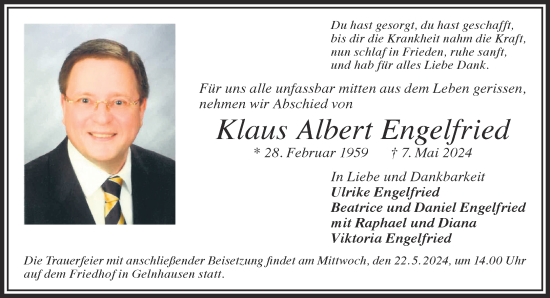 Traueranzeige von Klaus Albert Engelfried von Gelnhäuser Neue Zeitung