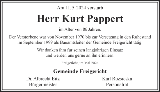Traueranzeige von Kurt Pappert von Gelnhäuser Neue Zeitung