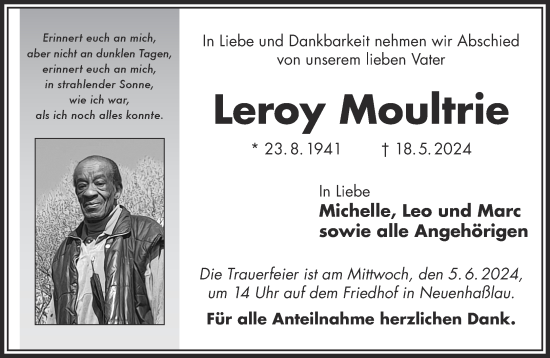 Traueranzeige von Leroy Moultrie von Gelnhäuser Neue Zeitung