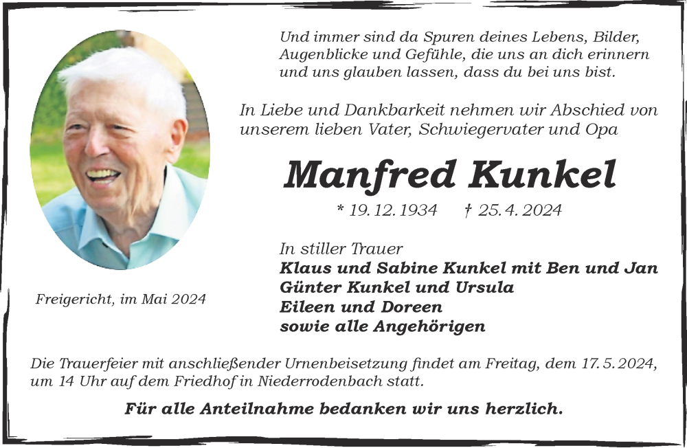  Traueranzeige für Manfred Kunkel vom 11.05.2024 aus Gelnhäuser Neue Zeitung