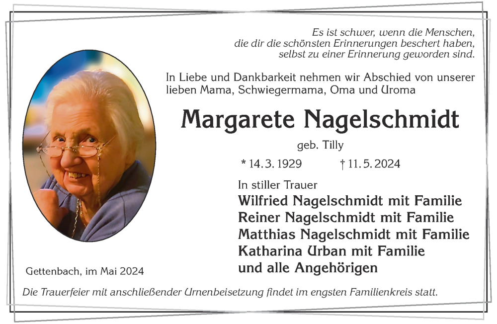  Traueranzeige für Margarete Nagelschmidt vom 18.05.2024 aus Gelnhäuser Neue Zeitung
