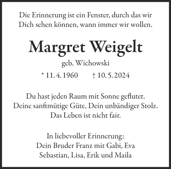 Traueranzeige von Margret Weigelt von Gelnhäuser Neue Zeitung