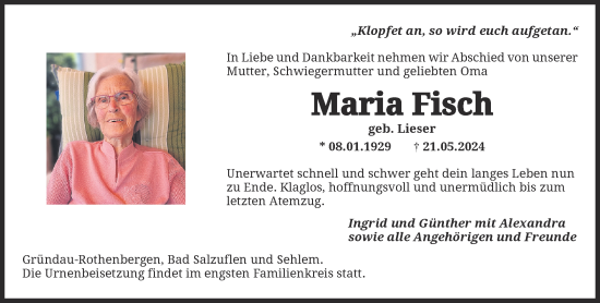 Traueranzeige von Maria Fisch von Gelnhäuser Neue Zeitung