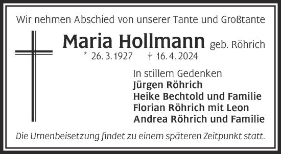 Traueranzeige von Maria Hollmann von Gelnhäuser Neue Zeitung