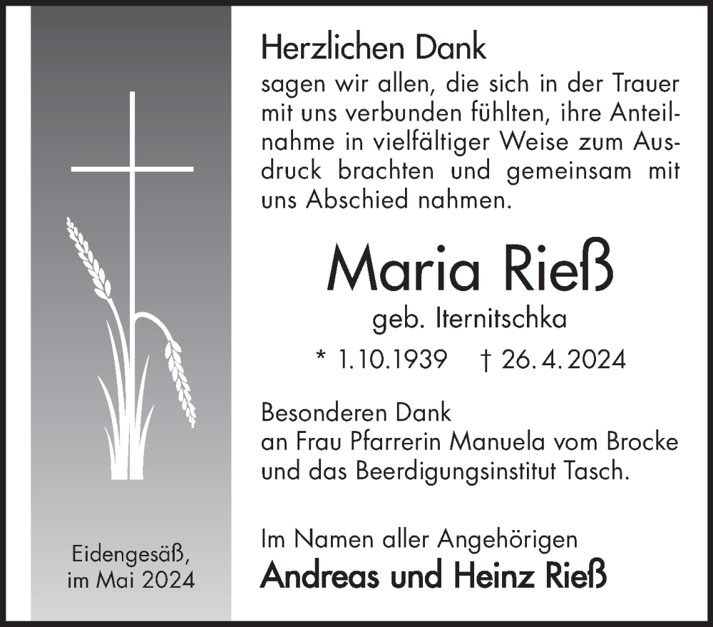  Traueranzeige für Maria Rieß vom 25.05.2024 aus Mittelhessen-Bote
