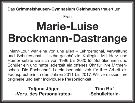 Traueranzeige von Marie Luise Brockmann-Dastrange von Gelnhäuser Neue Zeitung