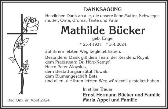 Traueranzeige von Mathilde Bücker von Gelnhäuser Neue Zeitung